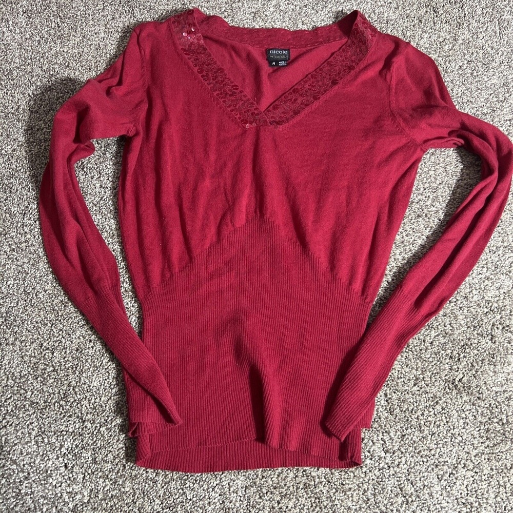 Women's Nicole Miller Red V Neck Embellished Neck Sweater Size Medium